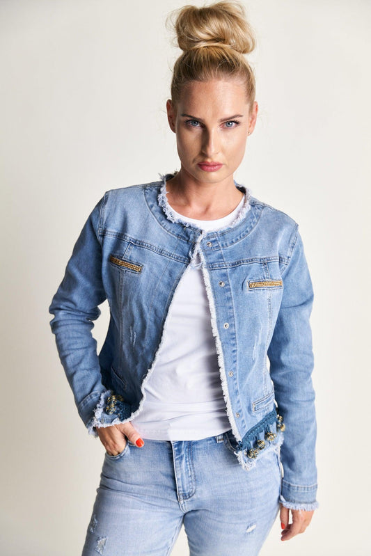 Jeansjacke mit Details und Steinchenapplikationen - Lidamoh Fashion